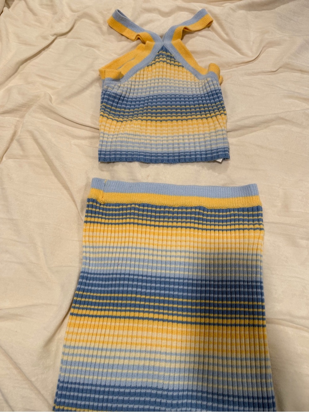 Jessica Simpson Yellow and Sky Blue Striped Knit Crop Top & Skirt Set